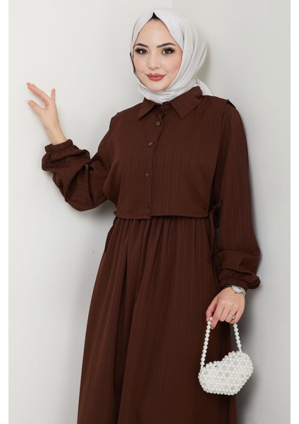 Bolerolu Beli Lastikli Elbise Kahverengi HM2702 modelleri