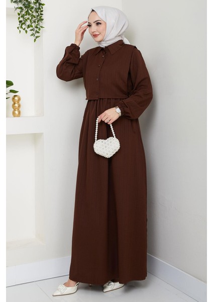 Bolerolu Beli Lastikli Elbise Kahverengi HM2702 fırsatları