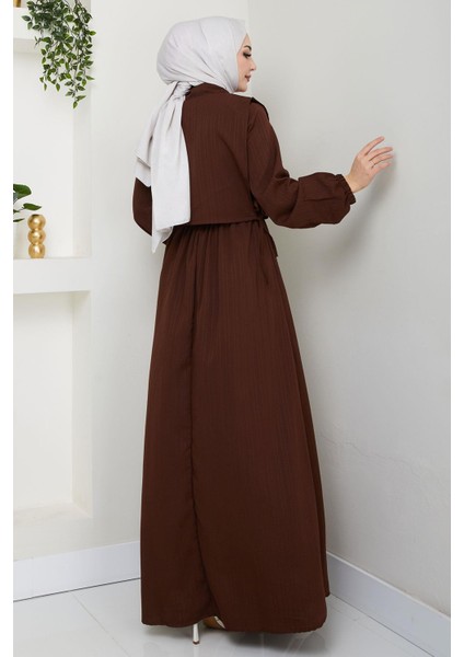 Bolerolu Beli Lastikli Elbise Kahverengi HM2702 indirimleri