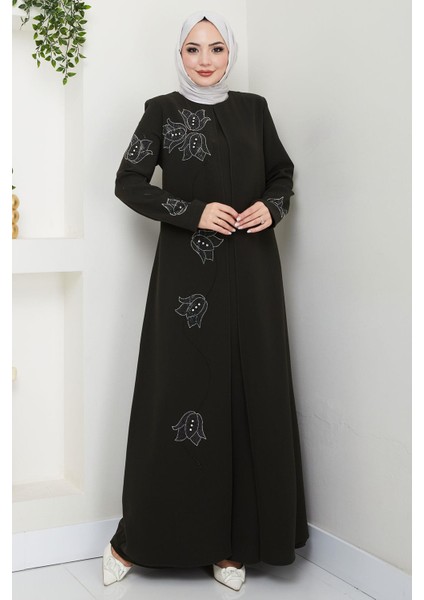 Büyük Beden Lale Taşlı Anne Elbisesi Haki HM2692