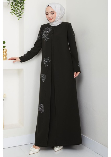 Büyük Beden Lale Taşlı Anne Elbisesi Haki HM2692 fırsatları