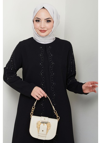Büyük Beden Boncuklu Taşlı Anne Elbisesi Siyah HM2693 modelleri