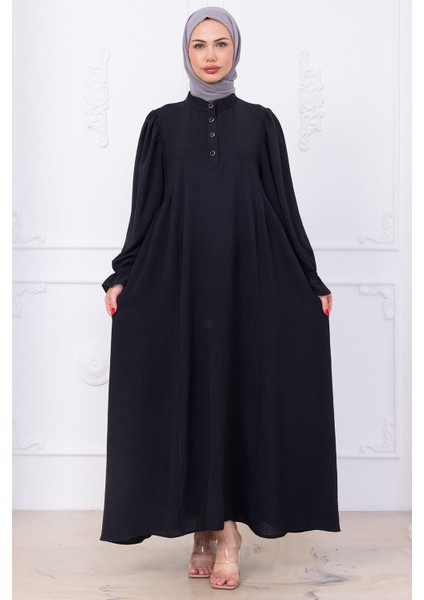 Kolları Lastikli Eva Tesettür Elbise Siyah HM2758 fiyatları
