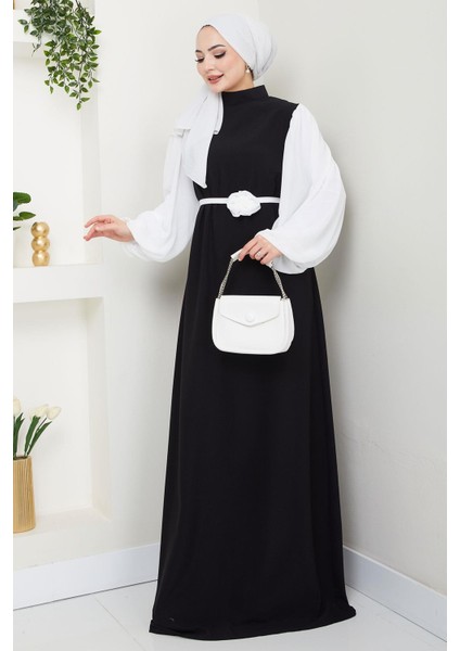 Gül Kemerli Kolları Şifon Abiye Elbise Siyah HM2666 fırsatları