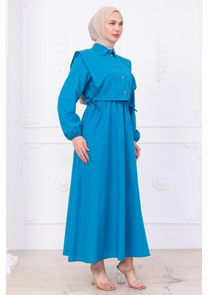 Bolerolu Beli Lastikli Elbise Mavi HM2756