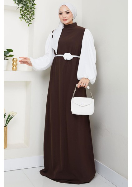 Gül Kemerli Kolları Şifon Abiye Elbise Kahverengi HM2666
