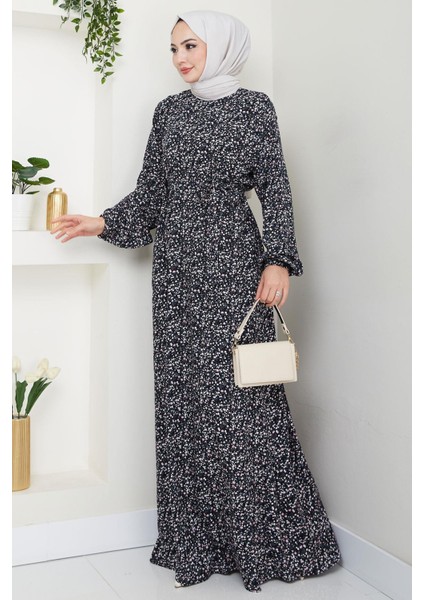 Çıtır Çiçek Desenli Yazlık Viskon Elbise Siyah HM2717 fiyatları