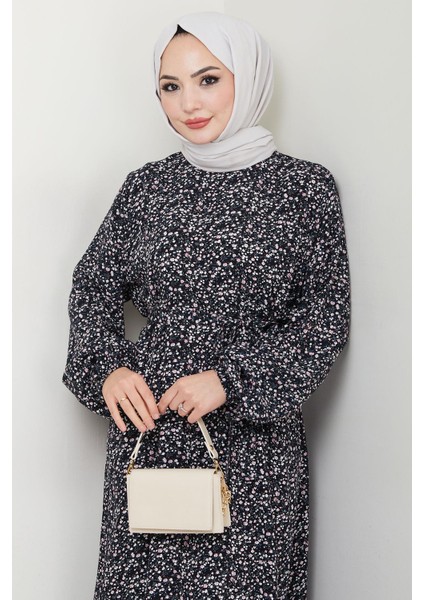 Çıtır Çiçek Desenli Yazlık Viskon Elbise Siyah HM2717 fırsatları