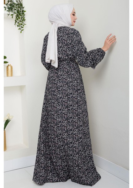 Çıtır Çiçek Desenli Yazlık Viskon Elbise Siyah HM2717 indirimleri