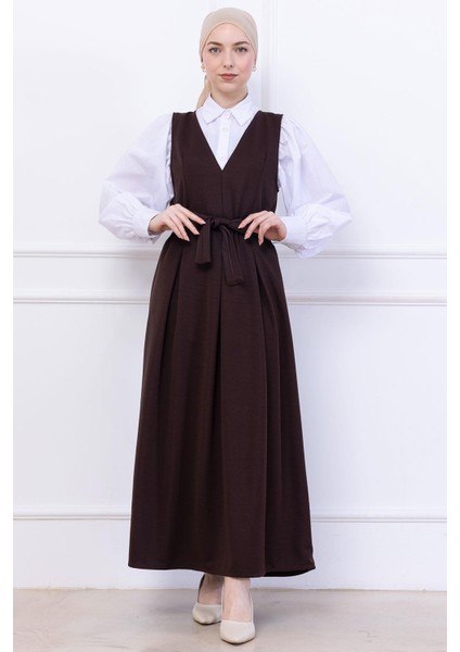 Kuşaklı Pileli Örme Jile Elbise Kahverengi HM2736