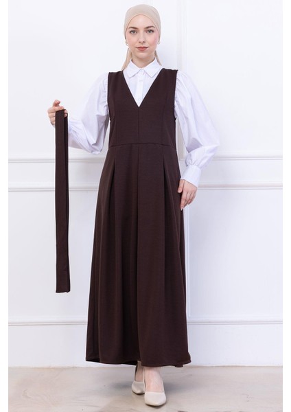 Kuşaklı Pileli Örme Jile Elbise Kahverengi HM2736 modelleri