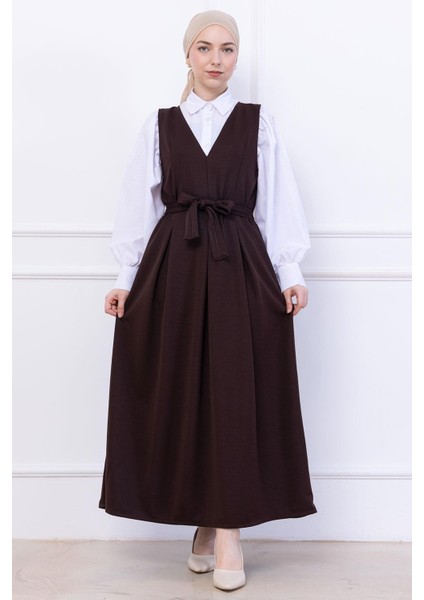 Kuşaklı Pileli Örme Jile Elbise Kahverengi HM2736 fırsatları