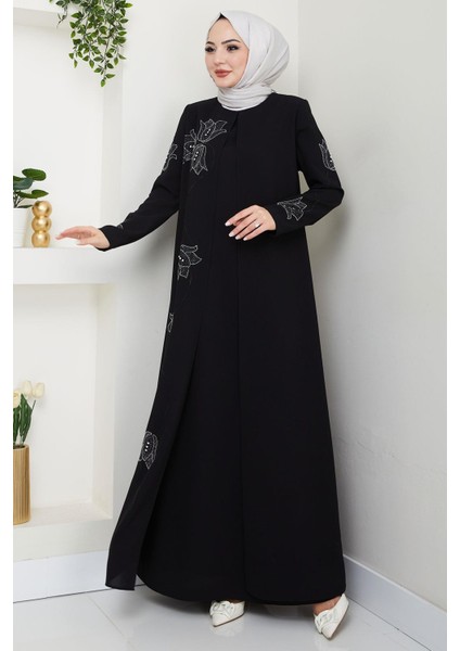 Büyük Beden Lale Taşlı Anne Elbisesi Siyah HM2692 fiyatları