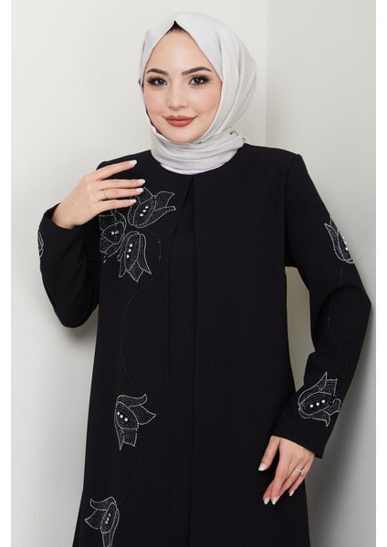Büyük Beden Lale Taşlı Anne Elbisesi Siyah HM2692 modelleri