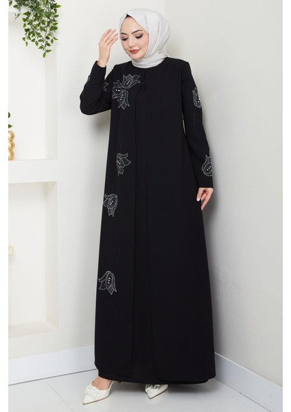Büyük Beden Lale Taşlı Anne Elbisesi Siyah HM2692 fırsatları