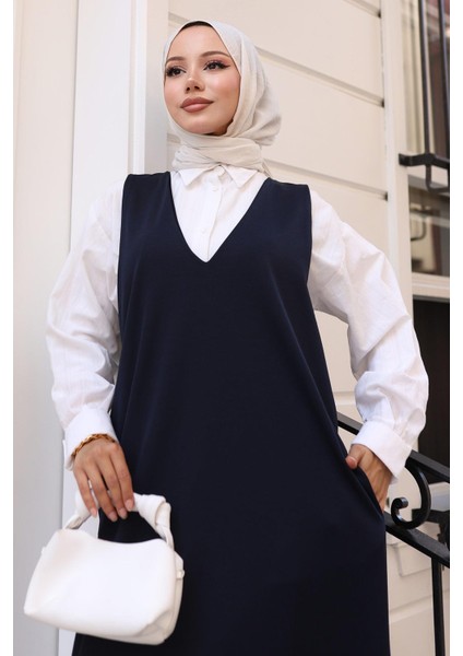 V Yaka Cepli Örme Jile Elbise Lacivert HM2754