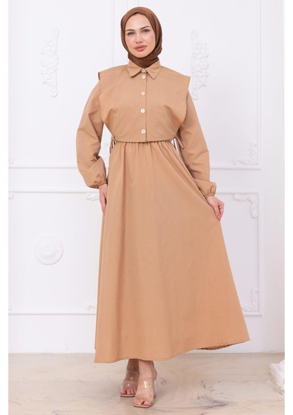 Bolerolu Beli Lastikli Elbise Camel HM2756