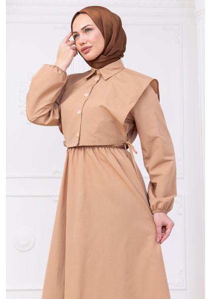Bolerolu Beli Lastikli Elbise Camel HM2756 fiyatları