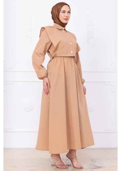Bolerolu Beli Lastikli Elbise Camel HM2756 modelleri