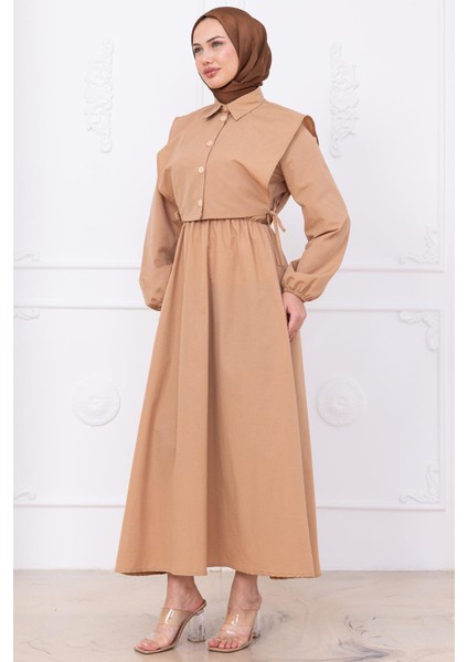 Bolerolu Beli Lastikli Elbise Camel HM2756 fırsatları