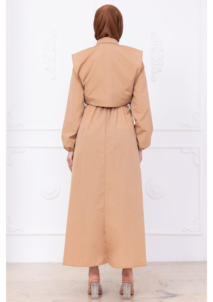 Bolerolu Beli Lastikli Elbise Camel HM2756 indirimleri