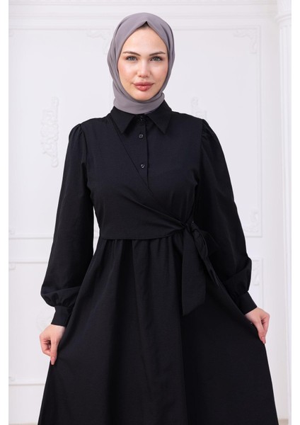 Yandan Bağlamalı Tesettür Elbise Siyah HM2753 fırsatları