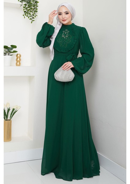 Boncuklu Şifon Abiye Elbise Zümrüt HM2667