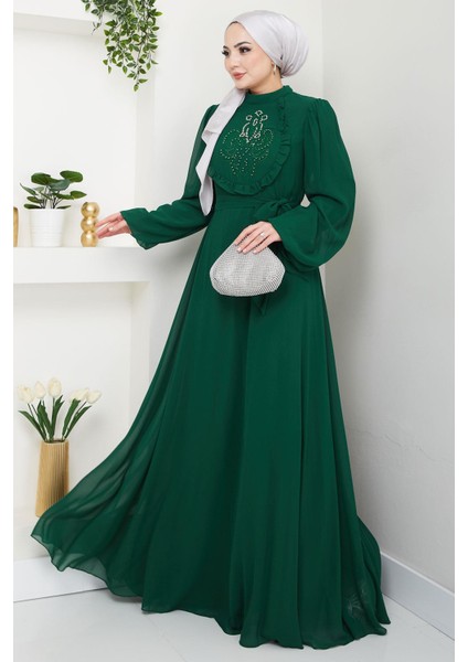 Boncuklu Şifon Abiye Elbise Zümrüt HM2667 fiyatları