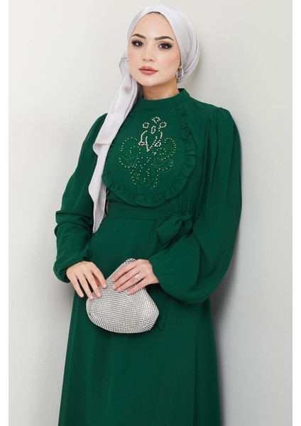 Boncuklu Şifon Abiye Elbise Zümrüt HM2667 modelleri
