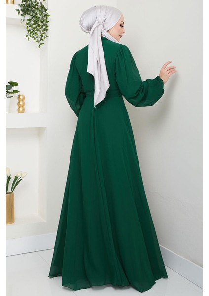 Boncuklu Şifon Abiye Elbise Zümrüt HM2667 indirimleri