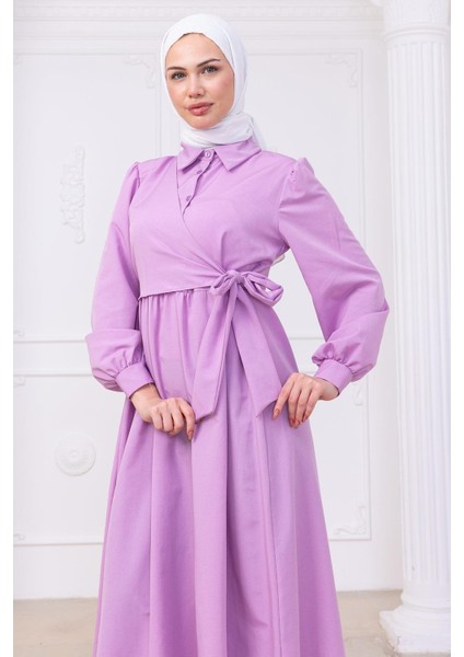 Yandan Bağlamalı Tesettür Elbise Lila HM2753