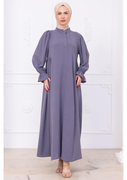 Kolları Lastikli Eva Tesettür Elbise Gri HM2758