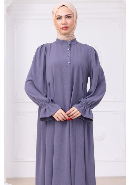 Kolları Lastikli Eva Tesettür Elbise Gri HM2758 modelleri