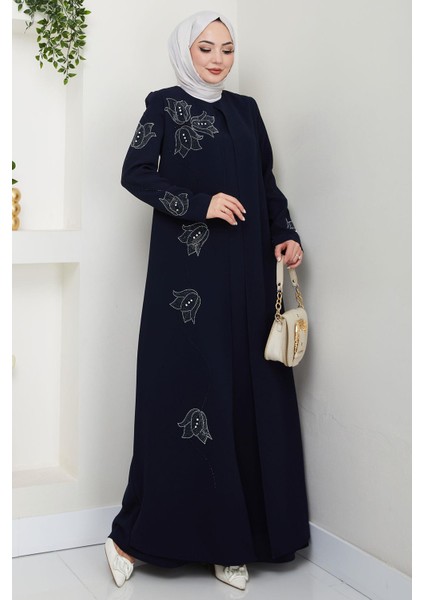 Büyük Beden Lale Taşlı Anne Elbisesi Lacivert HM2692 modelleri