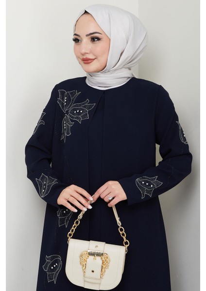 Büyük Beden Lale Taşlı Anne Elbisesi Lacivert HM2692 fırsatları
