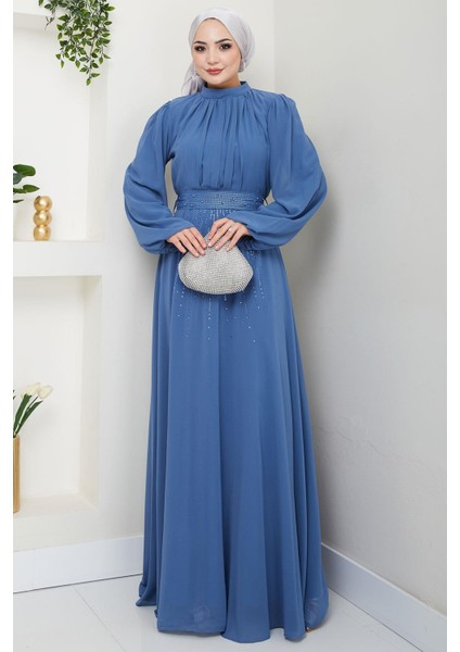Kuşağı Taşlı Şifon Abiye Elbise Mavi HM2668