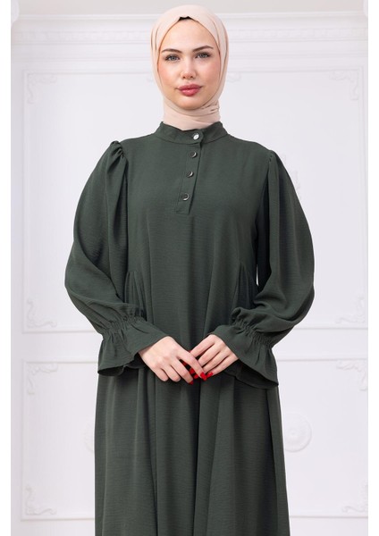 Kolları Lastikli Eva Tesettür Elbise Haki HM2758 fiyatları