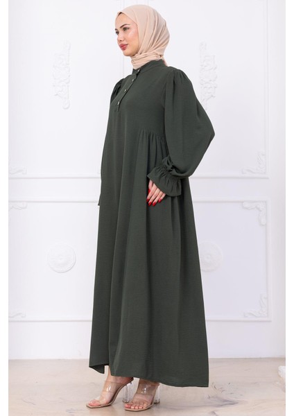 Kolları Lastikli Eva Tesettür Elbise Haki HM2758 modelleri