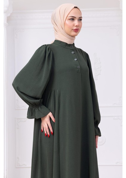 Kolları Lastikli Eva Tesettür Elbise Haki HM2758 fırsatları