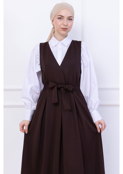Kuşaklı Pileli Örme Jile Elbise Kahverengi HM2736 indirimleri