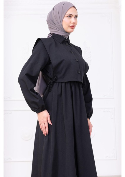 Bolerolu Beli Lastikli Elbise Siyah HM2756