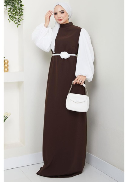 Gül Kemerli Kolları Şifon Abiye Elbise Kahverengi HM2666