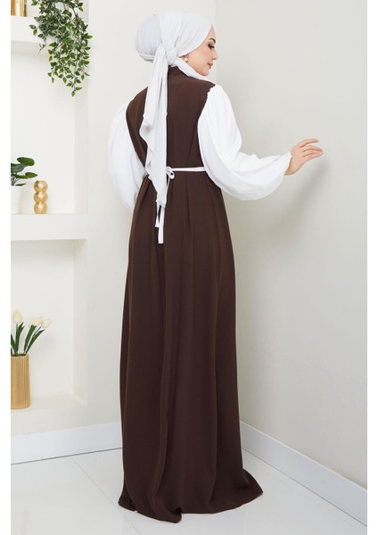 Gül Kemerli Kolları Şifon Abiye Elbise Kahverengi HM2666