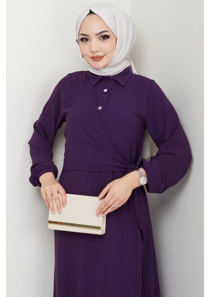 Yandan Bağlamalı Ayrobin Elbise Mor HM2729 fiyatları