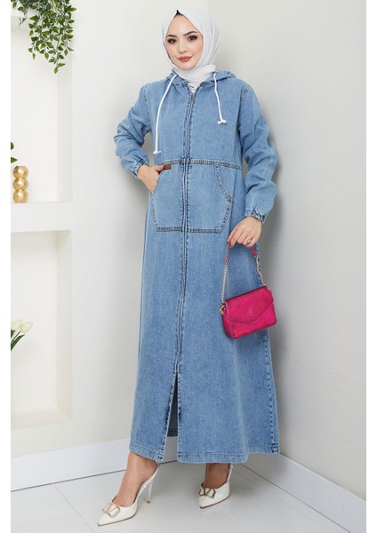 Kapüşonlu Kanguru Cepli Fermuarlı Kot Kap Mavi HM2674