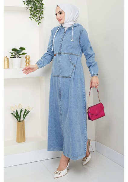 Kapüşonlu Kanguru Cepli Fermuarlı Kot Kap Mavi HM2674 fiyatları