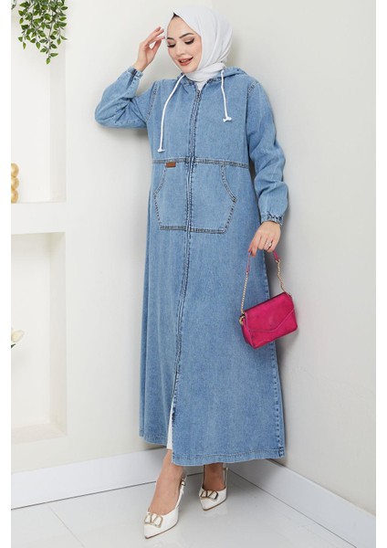 Kapüşonlu Kanguru Cepli Fermuarlı Kot Kap Mavi HM2674 modelleri