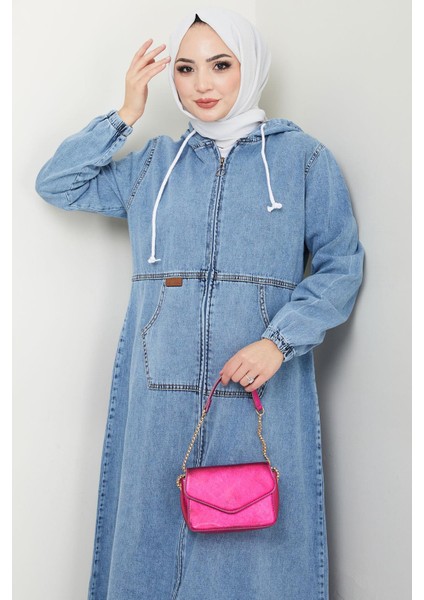 Kapüşonlu Kanguru Cepli Fermuarlı Kot Kap Mavi HM2674 fırsatları