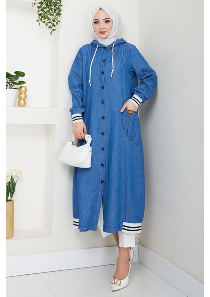 Kapüşonlu Ribanalı Kot Kap Açık Mavi HM2691