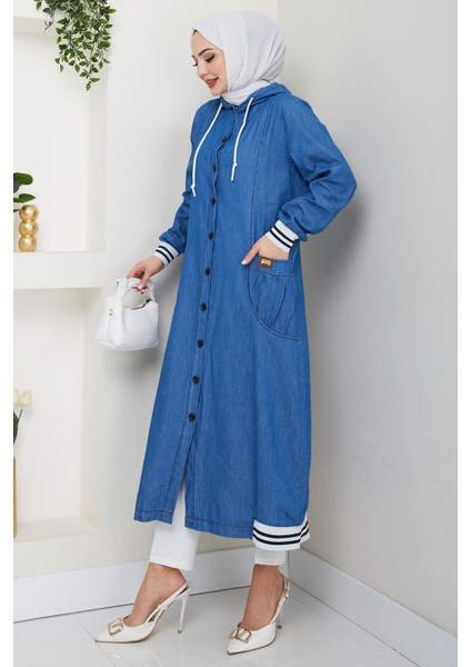 Kapüşonlu Ribanalı Kot Kap Açık Mavi HM2691 modelleri